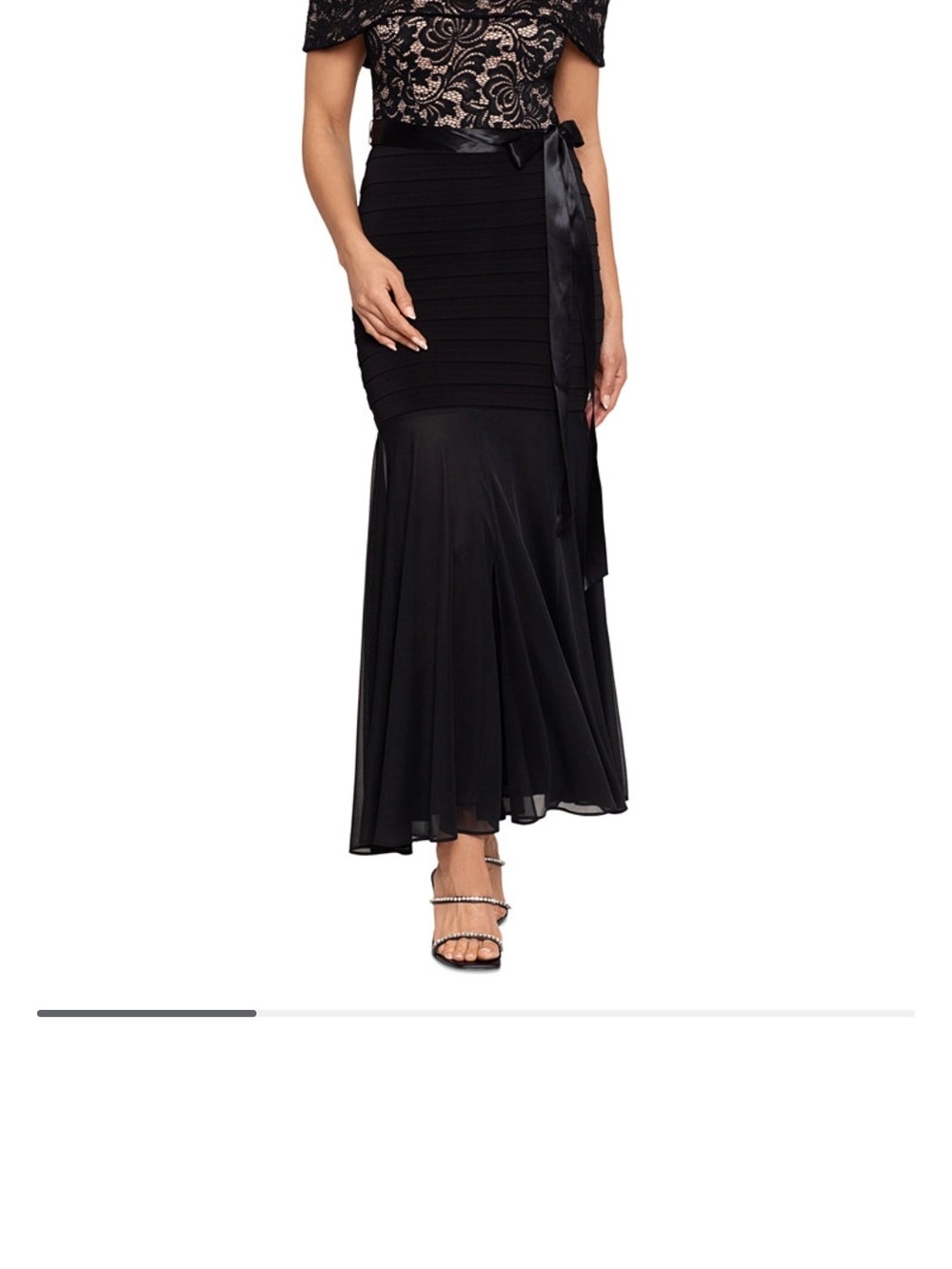 Betsy & Adam Black Lace Bodice Mermaid Maxi Dress with Satin Tie
